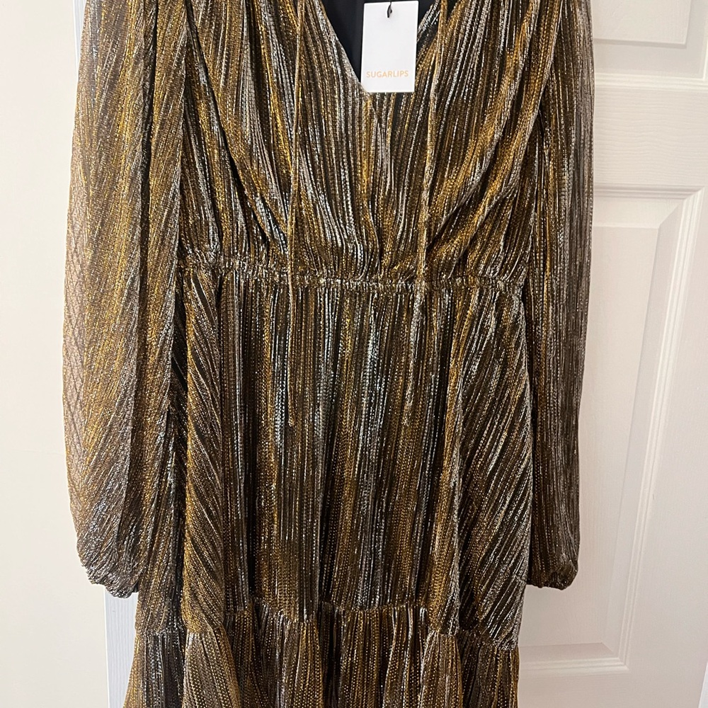 Sugarlips Gold and Black Metallic Pleated Long Sleeve Dress